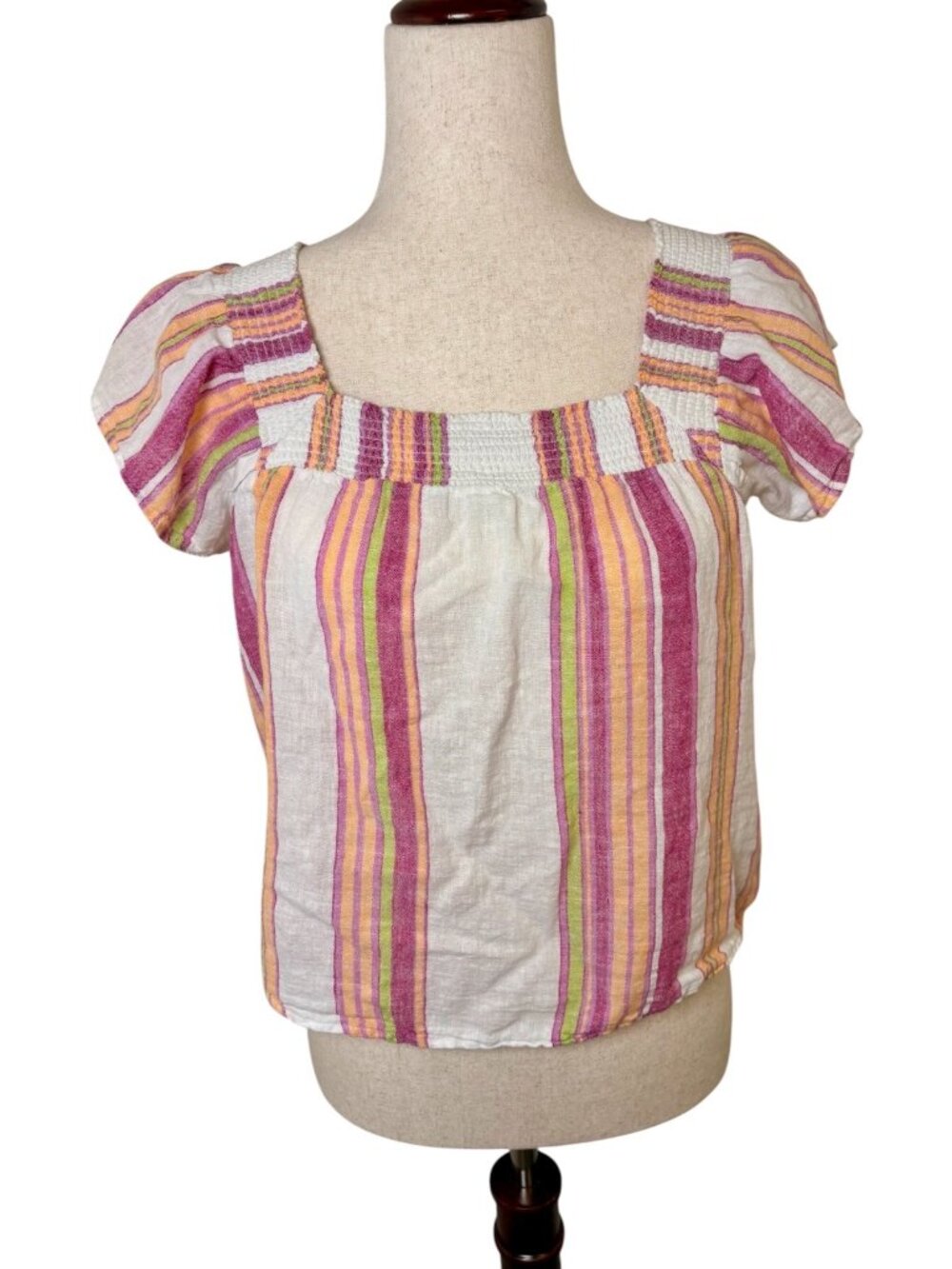 Rails Sonora Pink Orange White Hibiscus Stripe Linen Blend Square Neck Blouse XS